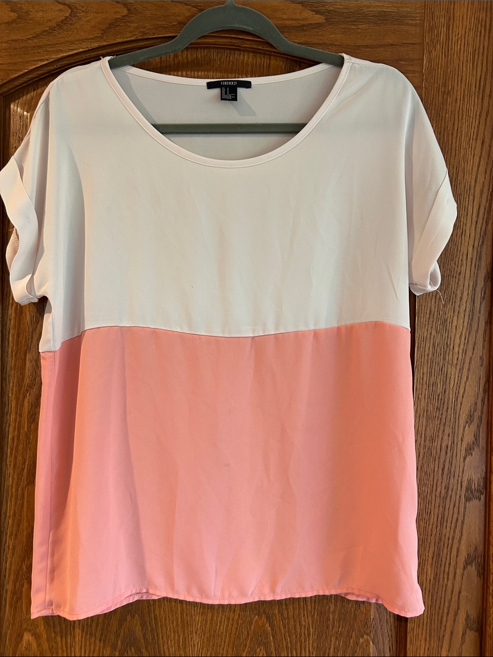 Forever 21 White and Coral Colorblock Short Sleeve Tee